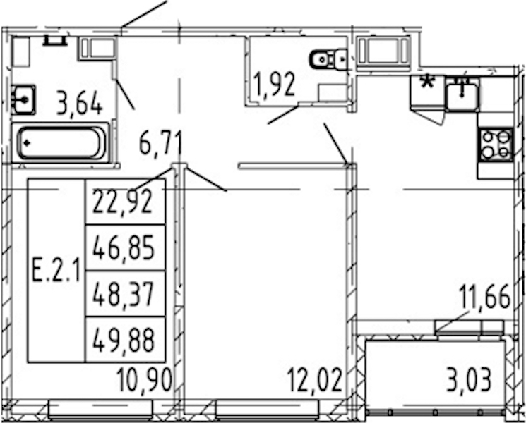 2-комнатная квартира 46.85 м², 11/12 эт., ЖК «Полис ЛАВрики»